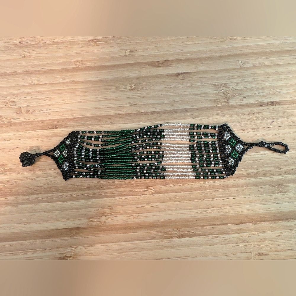 Seed Bead bracelet multi strands green black white geometric tribal‎